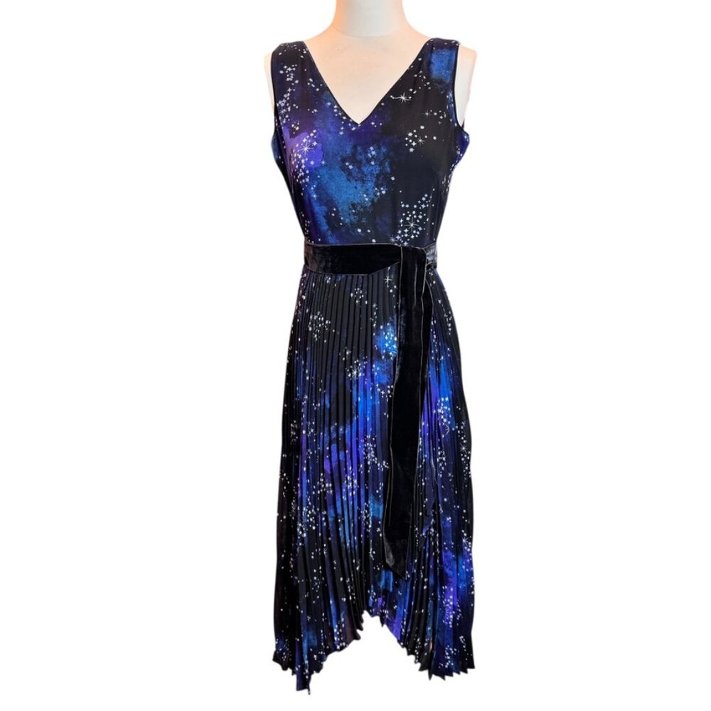WHITE HOUSE BLACK MARKET blue green purple stars pleated dress Size 4P EUC